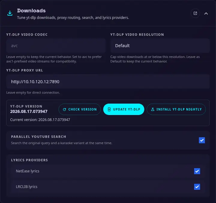 Downloads settings